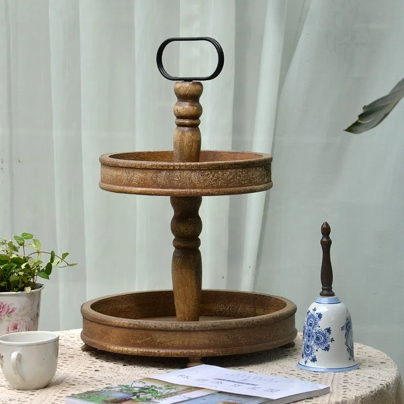 Countryside Vintage Two Layers Round Wooden Tray For Home Tabletop Dessert Fruit Storage Garden Wedding Party Decoration Plates