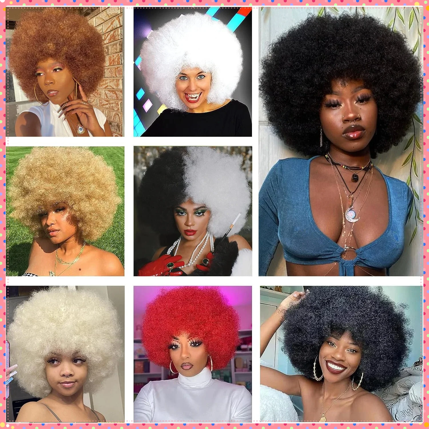 Synthetic Afro Curly Wig with Bangs, Mix Brown Short Voluminous Kinky Fiber Hair, Fluffy Natural Cosplay Party Costume Wig For