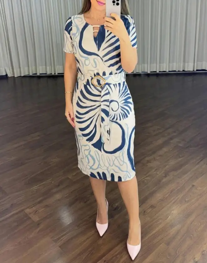 

Women Dresses 2026 Spring Summer New Fashion Abstract Print Short Sleeve Hollow-Out Front Round Neck Slim Midi Dress with Belt