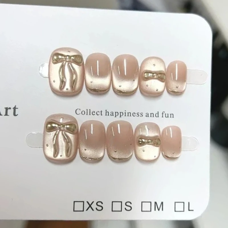 10개 수제 프레스온 네일 네이키드 캣아이 3D 보우 네일 패치 골드 프렌치 폴카 도트 순수 수제 웨어러블 네일 패치