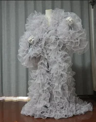 Gorgeous silver organza Jacket Women Full Sleeves Dresses Ruffles  Floor Length Long Robe Dress To Photoshoot custom size color