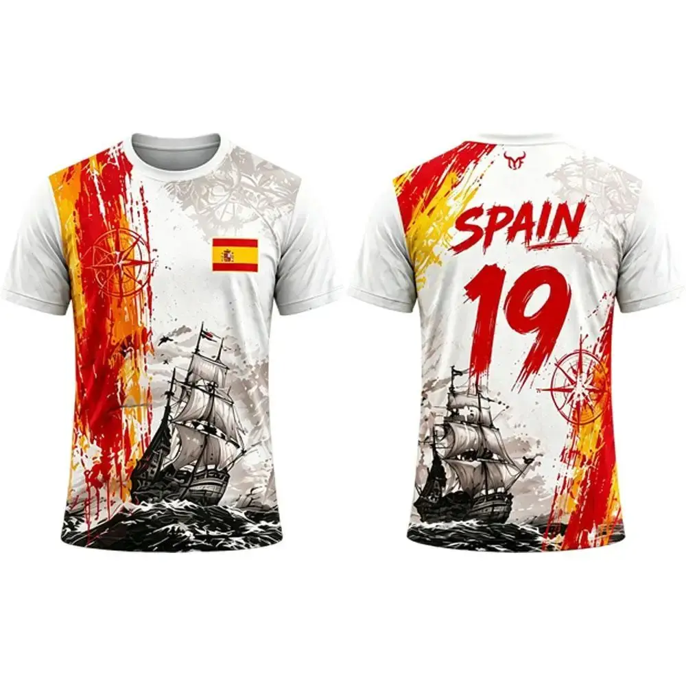 3D Printed Spain Bull Carnation Flag Soccer Jersey for Men National Style No.19 Football Fan Short Sleeve Shirt Family Kids Tees