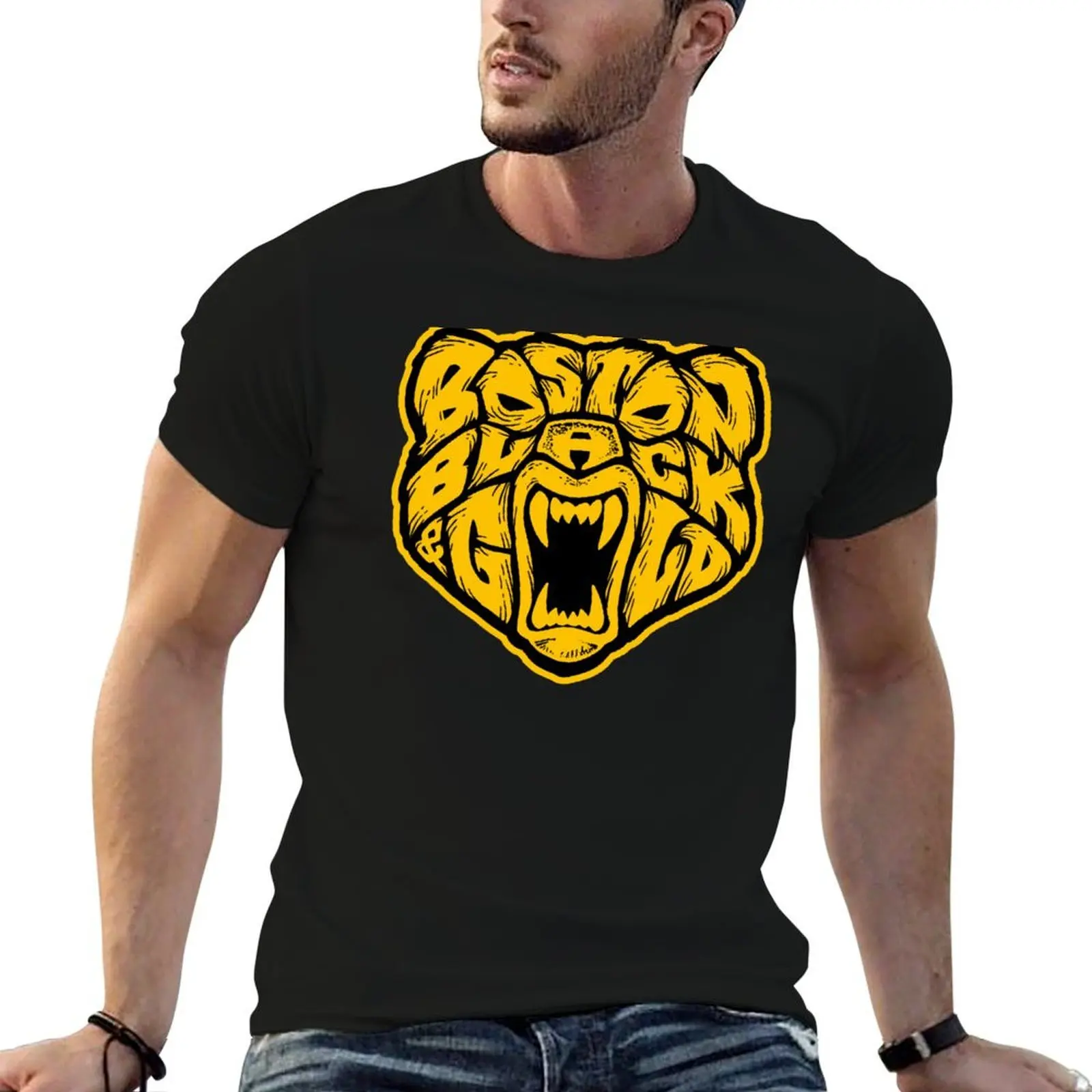 Boston Black & Gold Bear Face T-Shirt vintage anime shirt blacks men clothes