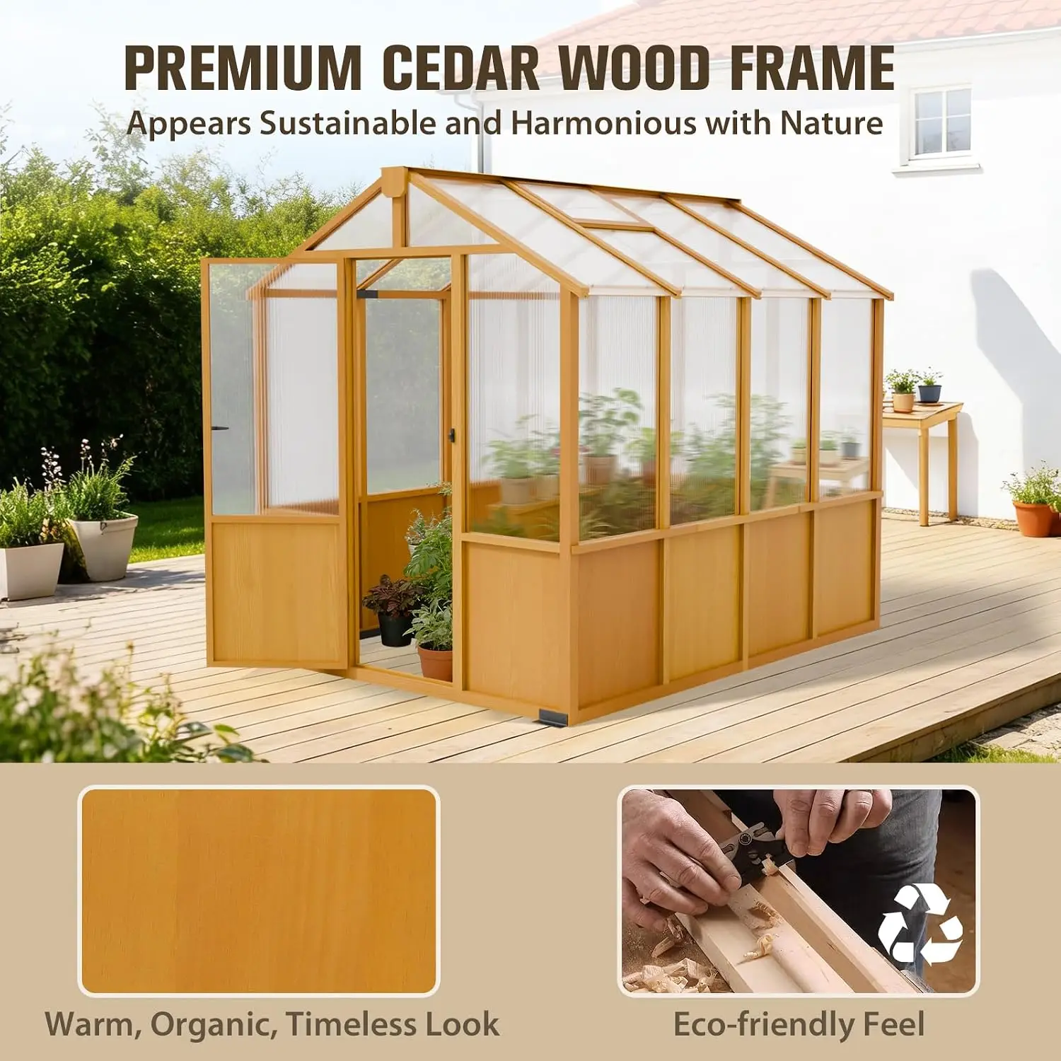 6x8ft Cedar Wood Greenhouse with Roof Vents, Outdoor Greenhouse Kit, Weather Resistant Plant Garden House, Natural Cedar