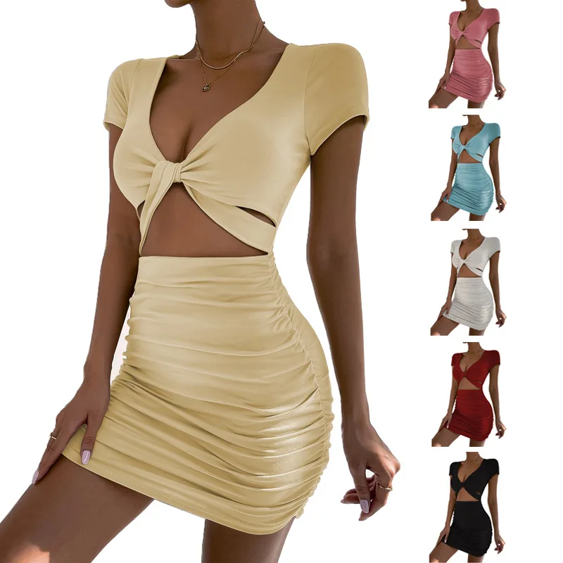 2023 Summer New Sexyt Wrap Hip Dress Party Club Solid midriff-baring Mini Dresses V-neck Short sleeve Bodycon Dress for Women