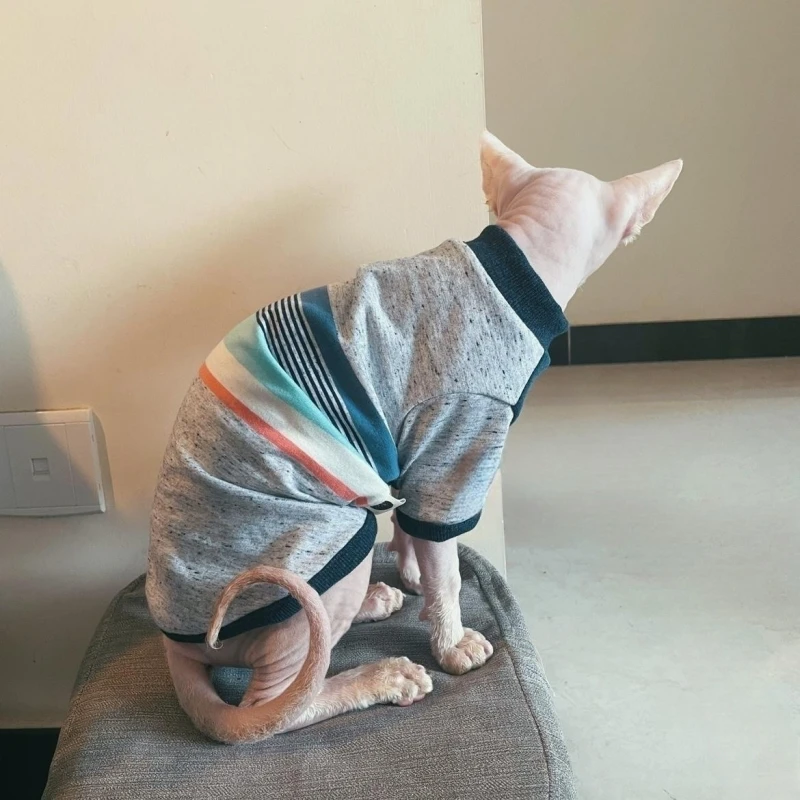 Sphynx Cat Clothes Cotton Striped T-shirt for Puppy Fashion Winter Undercoat For Devon Rex in good elastic Jumsuit in Autumn