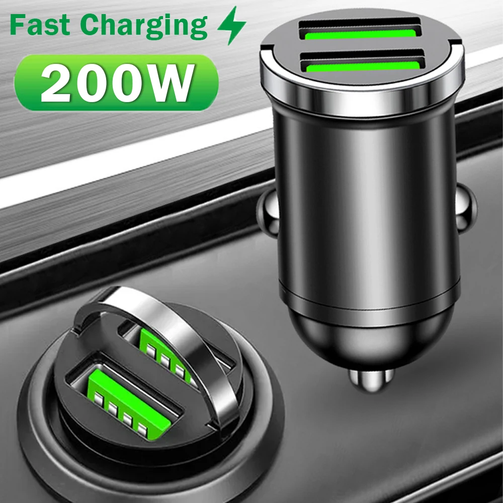 200W Dual Ports Mini USB Car Charger Super Fast Charging Cigarette Socket Lighter 12-24V Aluminum Alloy Phone Charge Adapter