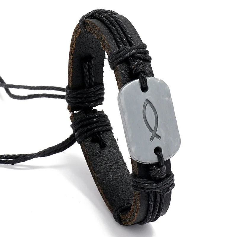 1 Piece Women and Men Vintage Fish Shaped Woven Leather Bracelet Simple Adjustable Bracelet for Men