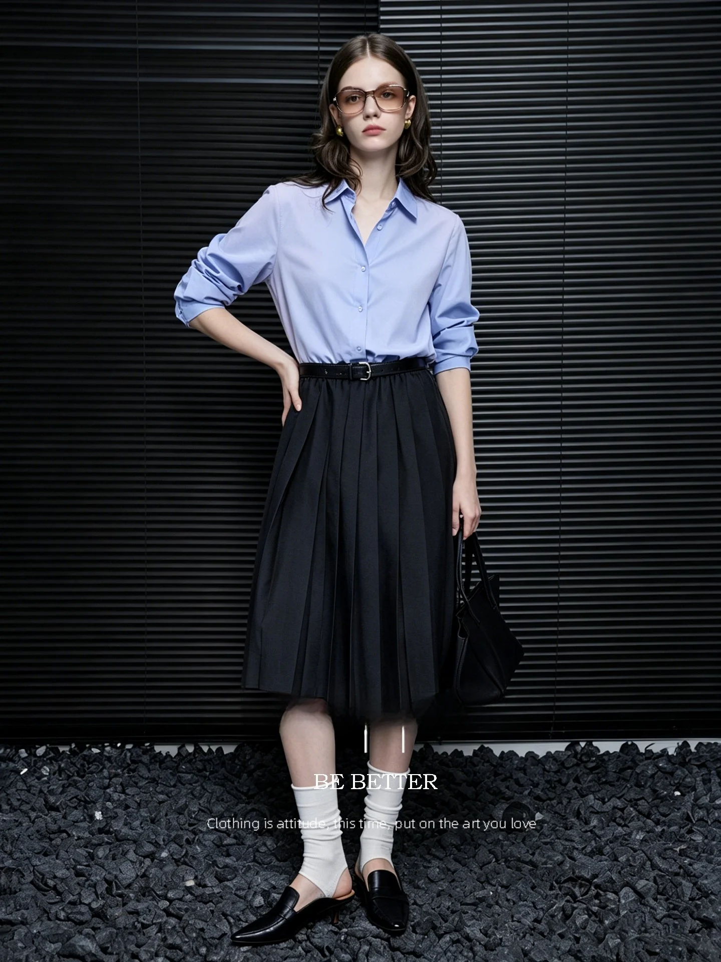 Huaappuw Retro High Waist Pleated  Skirt Commute Elegant Mid-Length Skirt Polyester Fiber Ladies Daily Travel Skirt