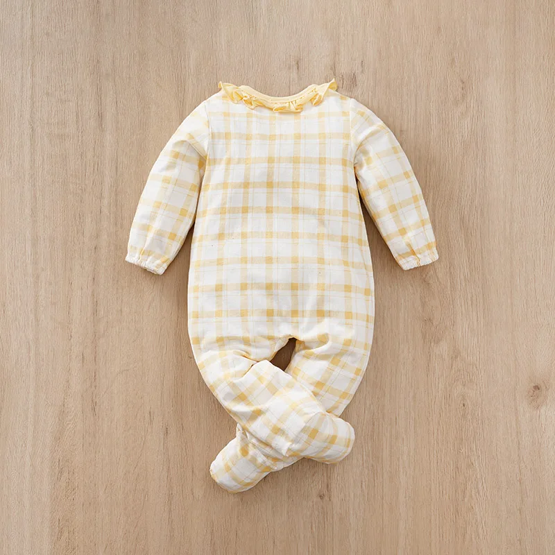 Infant Yellow grid Print 0-12 months  Bodysuit Spring and Autumn comfort cotton Long Sleeve Baby one-piece foot covered pajamas