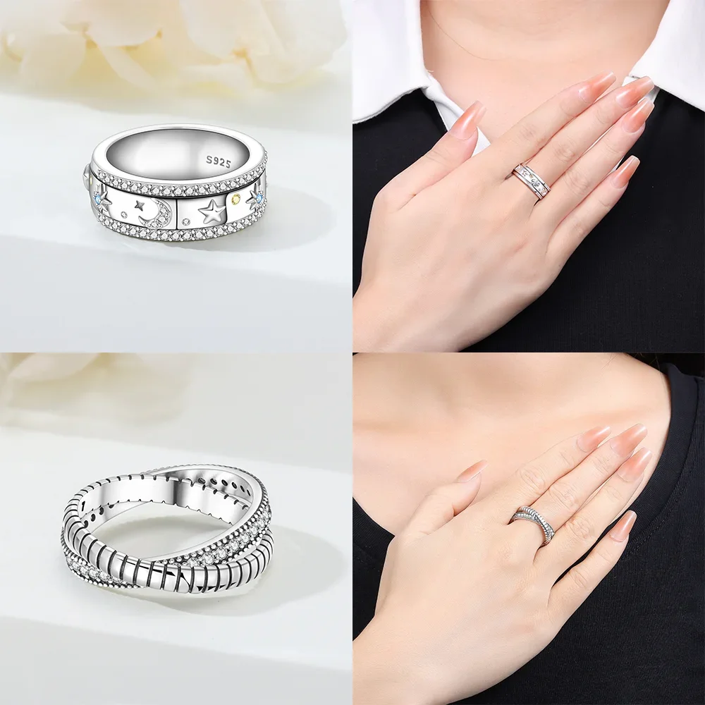 Original 925 Silver plated Stackable Open Rings Moon Star Evil Eye Four-Leaf Clover Zircon Rings Jewelry Gifts for Women Girls