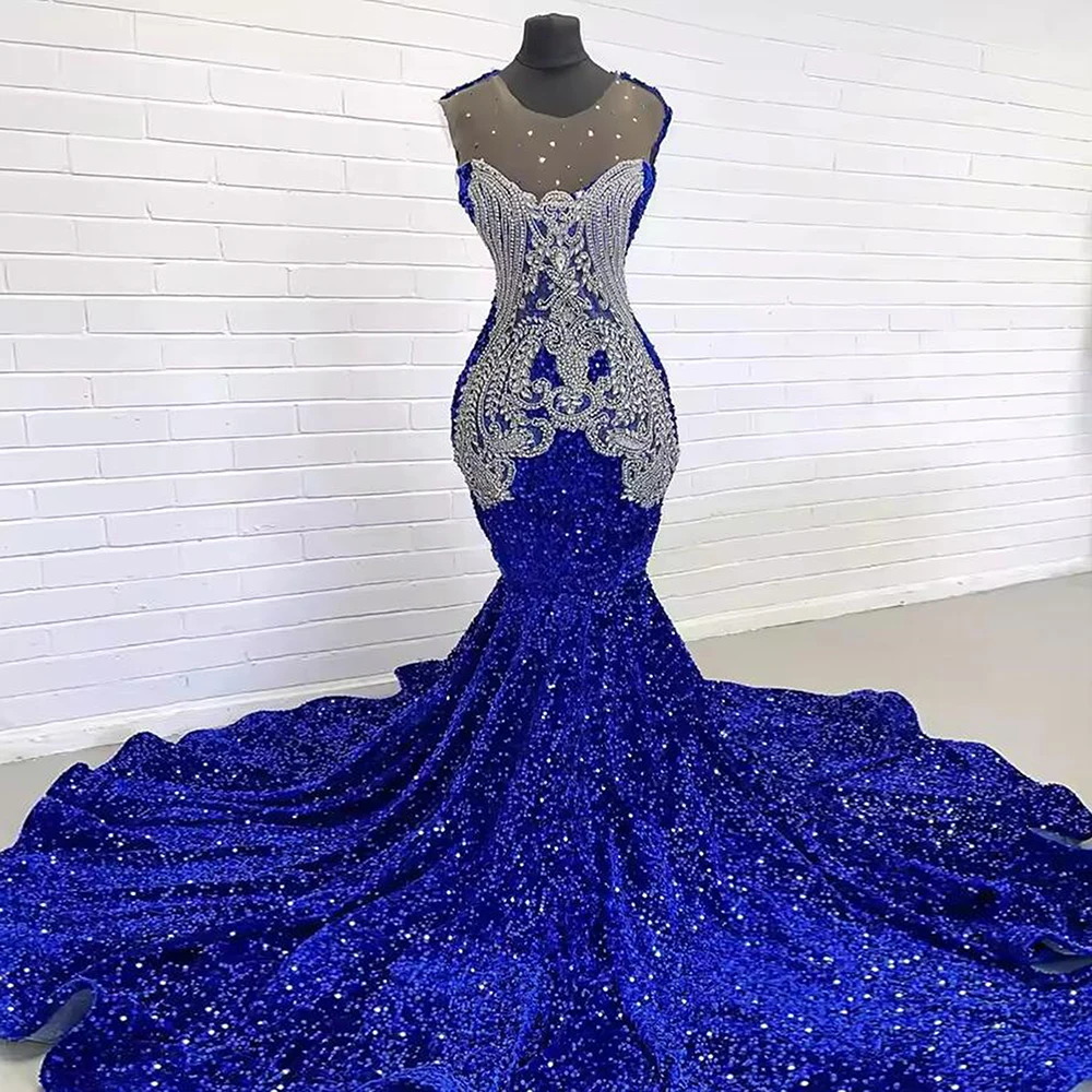 Luxury Sparkly Sequins Mermaid Prom Dresses Black Grils Formal Party Diamond Crystals Beaded Evening Gowns Customized Women Set