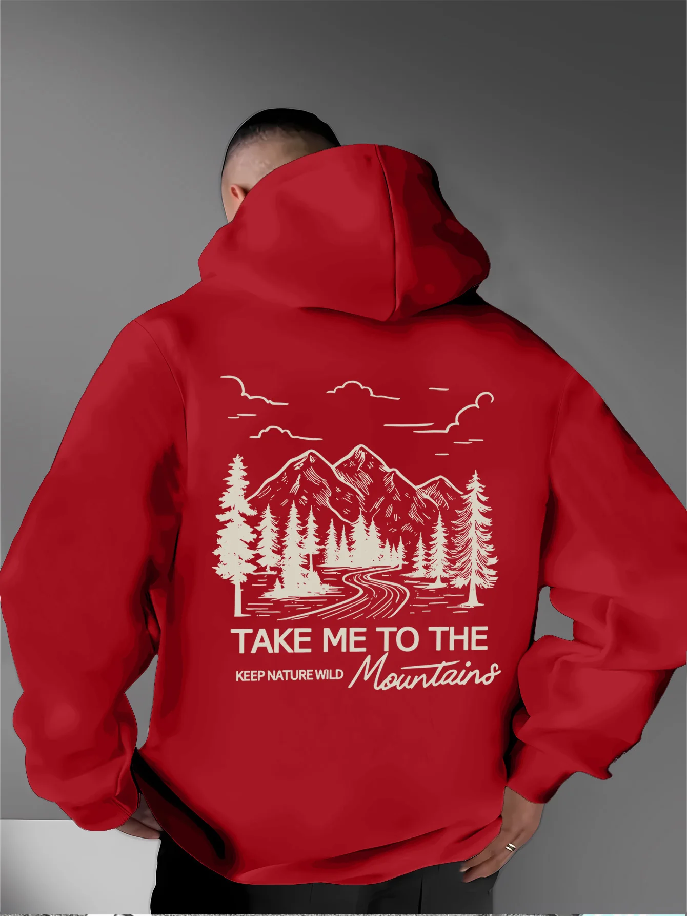 Men's Back Landscape Printed Hooded Sweatshirt - American Retro Style, Simple Elegant Suitable for Daily Wear in Autumn Winter.