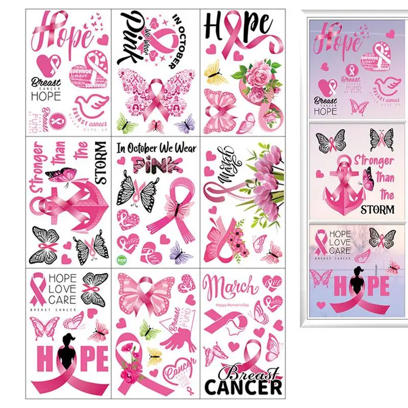 Pink Window Cling 9PCS Waterproof Pink Ribbon Static Wall Decals With Heart Colorful Mirror Decals For BreastCancer Awareness