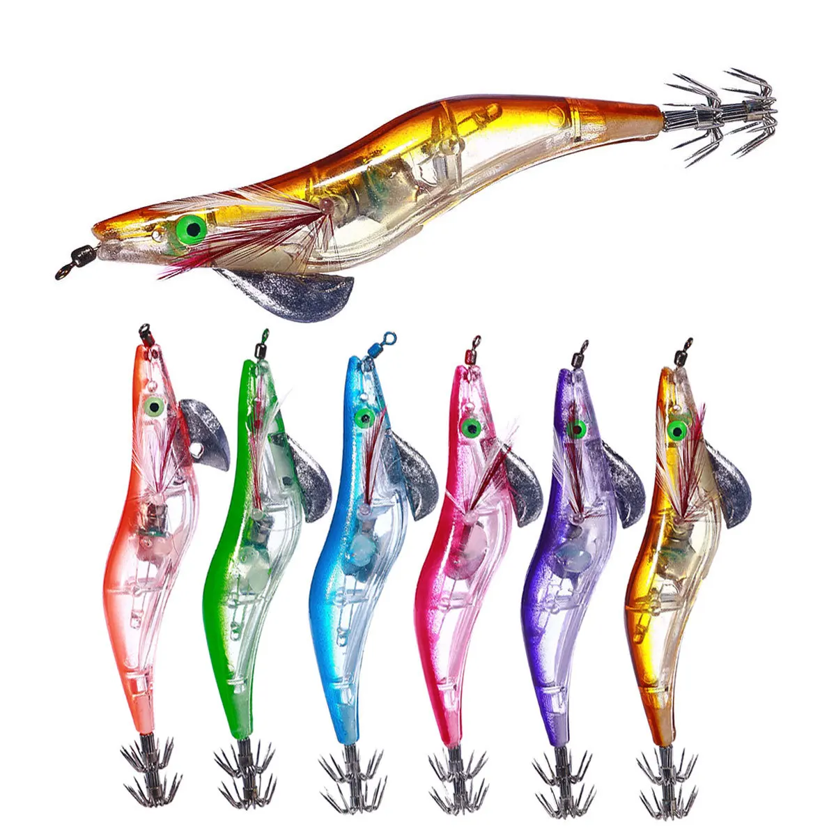 5Pcs of LED luminous squid hook, electronic shrimp battery, wooden shrimp octopus hook, squid bait, luminous path sub bait