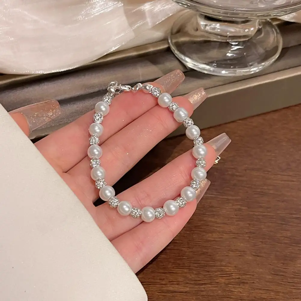 Adjustable Chain Bracelet Adjustable Faux Pearl Bracelet with Glittering Rhinestone Decor Extended Chain Wrist Jewelry for Party