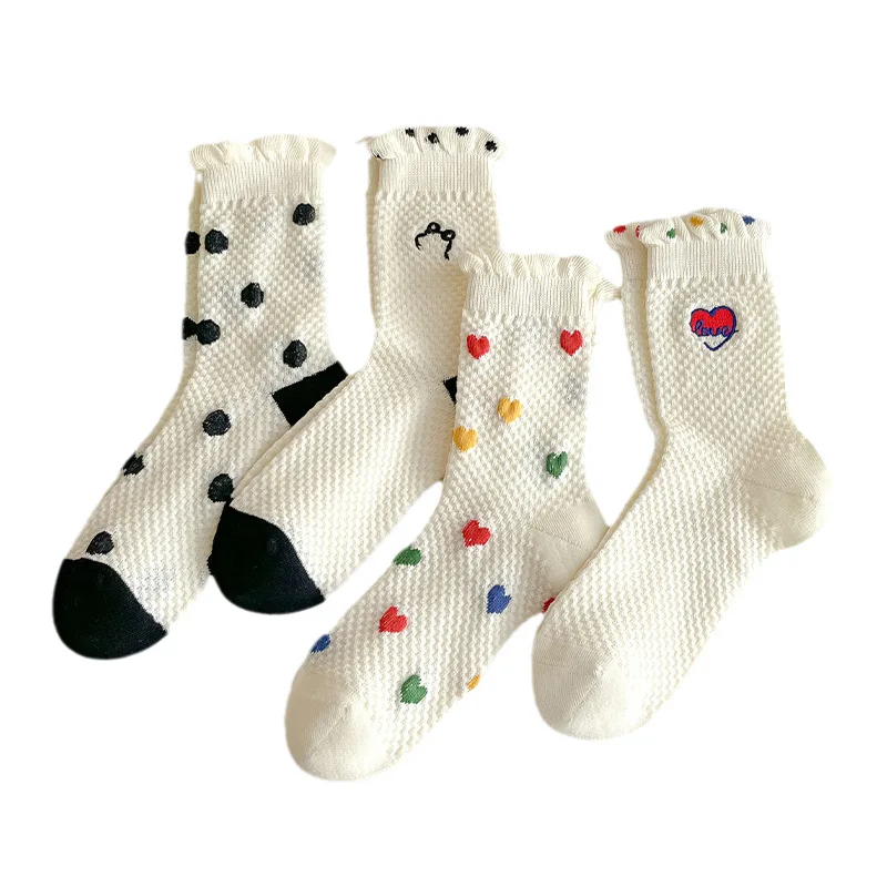 Vrouwen Sokken Herfst Winter Mid-tube Cartoon Beer Liefde Print Sokken Polka Dot Leuke Kawaii Harajuku Witte Kousen Kant ruche Sok