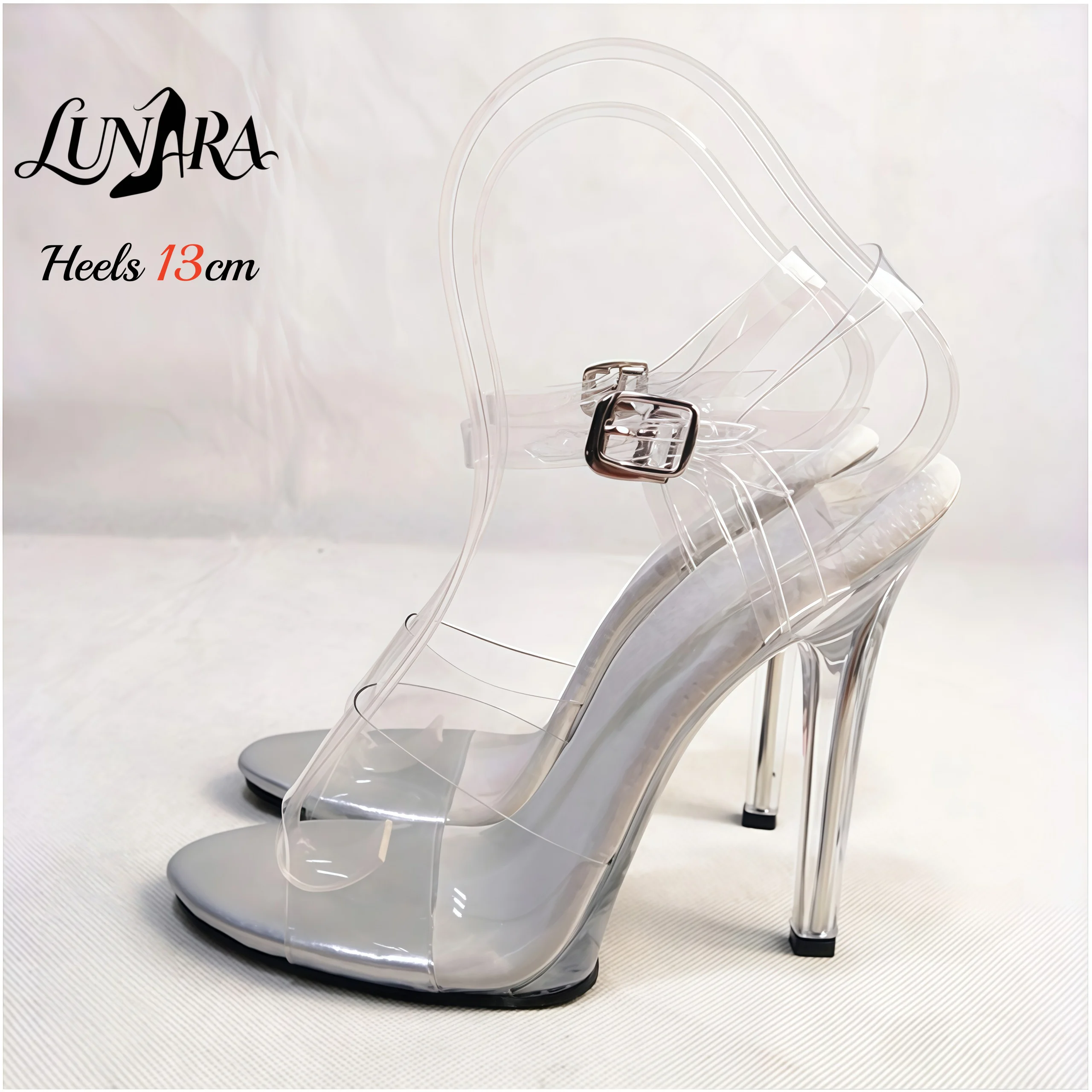 13cm Clear PVC High Heel Sandals Silver PU Toe Cap Open Toe Ankle Strap Buckle Non-slip Sexy Stage Performance Nightclub Shoes