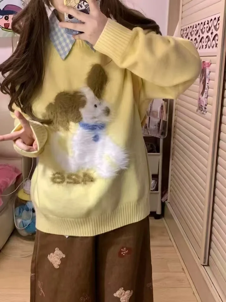 

Вязаный свитер с узором в виде собак, женский, свободный, повседневный, осенне-зимний, новый стиль, модный базовый топ