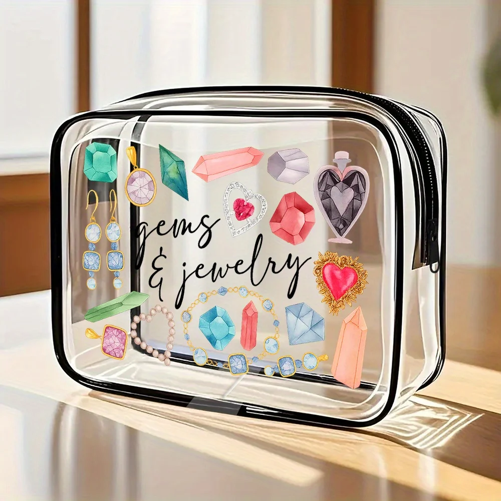 Pvc Transparent Makeup Pouch for Ladies Gemstone and Jewelry Pattern Toiletries Organizer Travel Makeup Pouch Beach Necessities