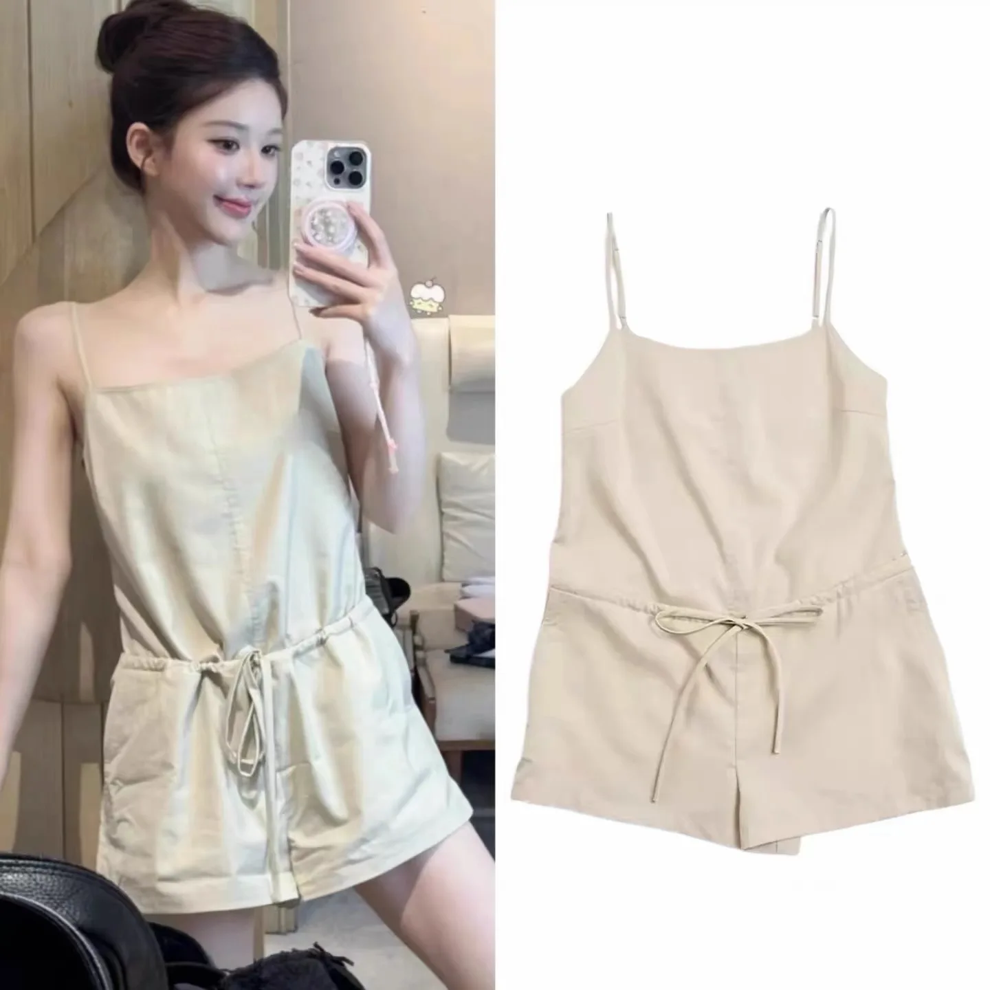 Shortalls Drawstring Waist Strappy Jumpsuit for Women Summer Tie Waist Slim Loose Wide-Leg Overall Shorts Romper