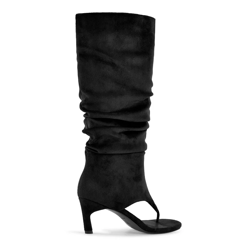 Onlymaker Women Thong Toe Black Faux Suede Ruched Knee High Boots Kitten Heel Open Toe Elegant Sandal Boots