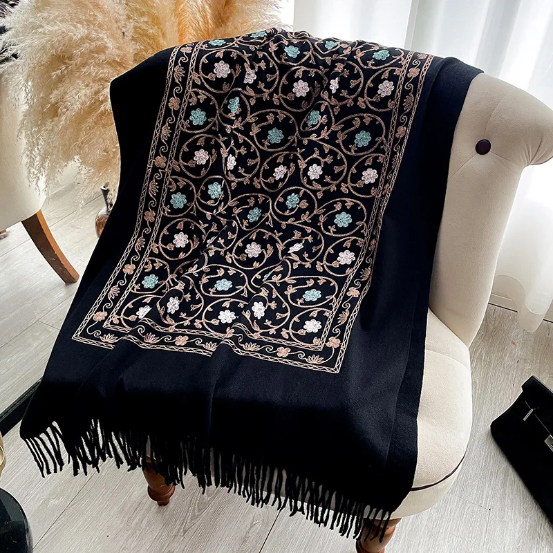 2025 New Embroidery Cashmere Scarf Women Winter Shawl Wraps Hijab Thick Blanket Ladies Long Pashmina Echarpe Neckerchief Bufanda 6