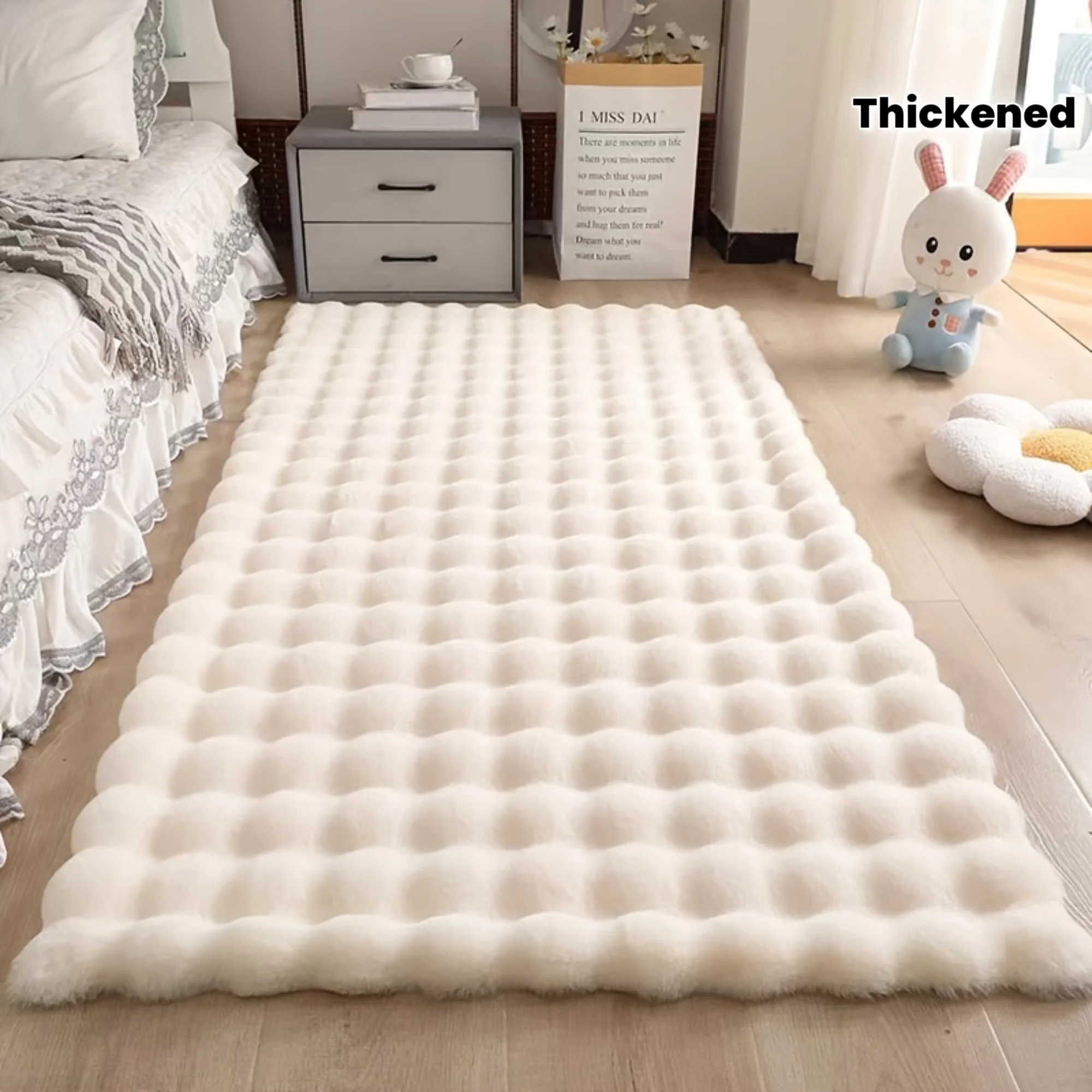 1 Cream-colored Shag Rug with A Plush Pile; Comfortable and Slip-resistant; Made of 100% Polyester; Thick, Long-pile Bedroom Rug