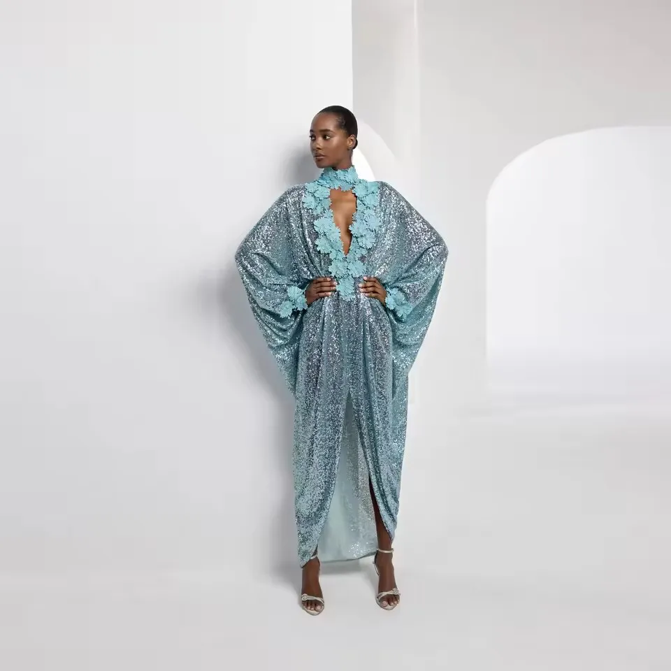 

Sequined Maxi Women Dresses Prom Gowns Elegant V Neck Front Split Ankle Length Flower Formal Evening Gowns Cloak Style