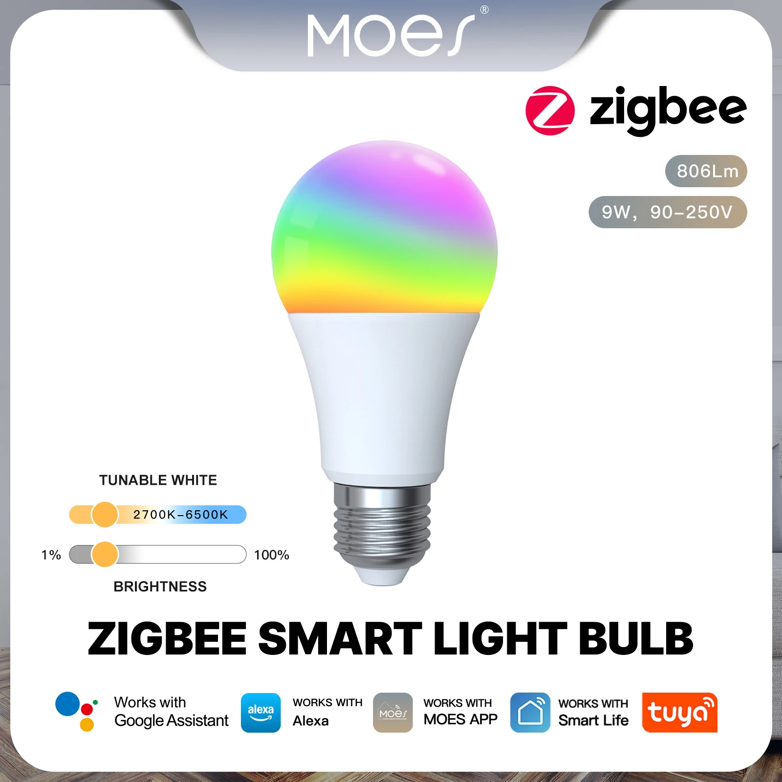 MOES Tuya Zigbee E27 Smart Light Bulb 9W RGB CCT Dimmable 2700K-6500K Voice Control Alexa Google Home