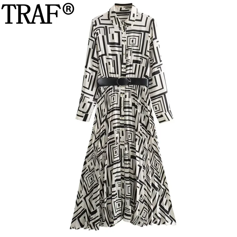 TRAF Belt Print Shirt Dress Woman Spring Pleated Long Dresses Women Office Button Midi Dress Long Sleeve Elegant Casual Dresses