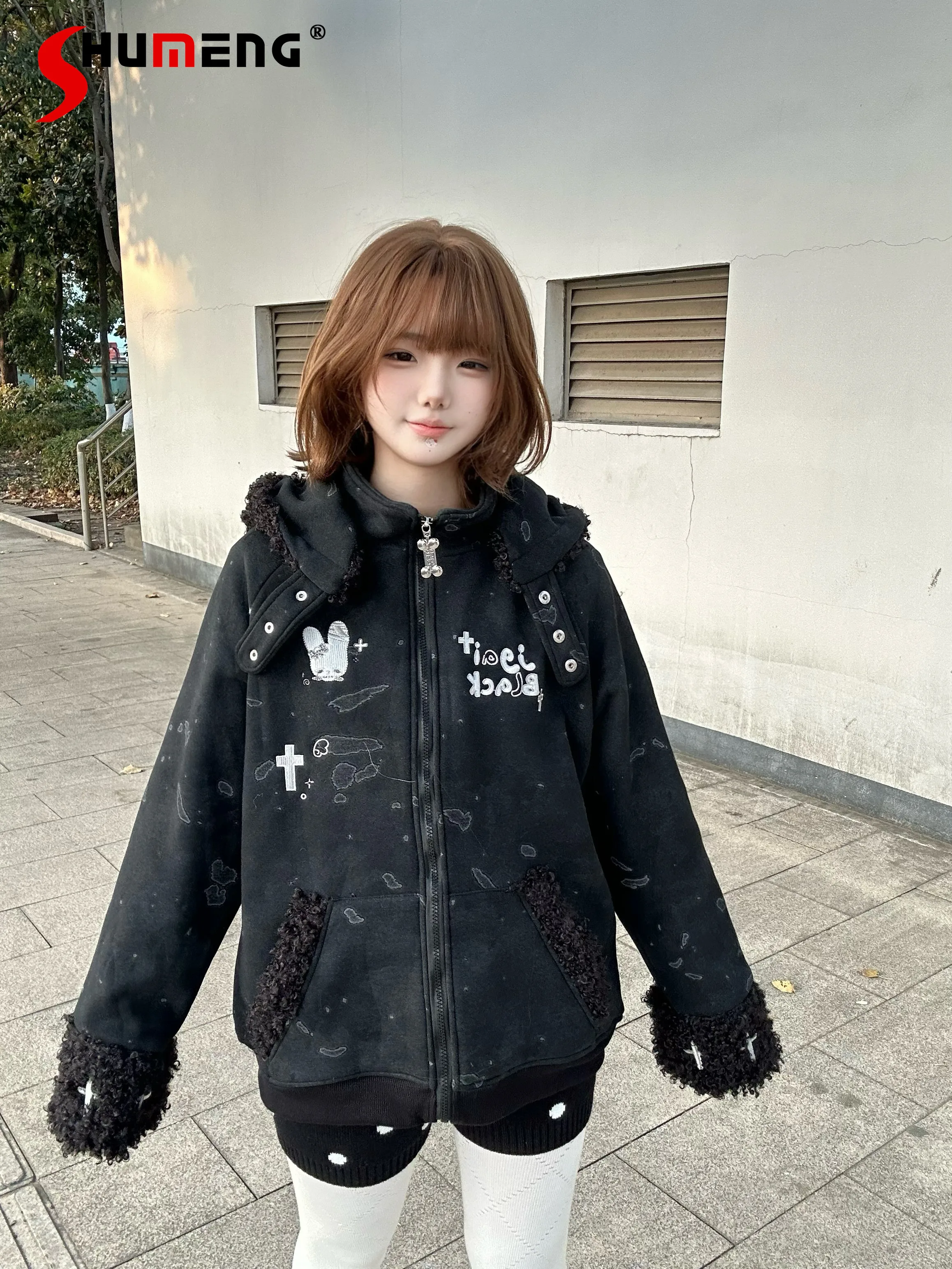 Original Subculture Sweet Cool Fashion Black Jacket Coats 2026 Spring Student Cartoon Print Y2K Cat Ear Hooded Sweatshirt Women