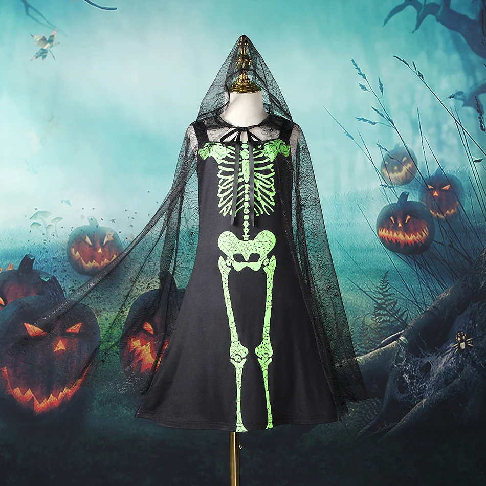 

Kid Girl Halloween Costume Luminous Skull Print 2Pcs Dress and Cloak Children Carnival Performance Clothes Tulle Fansy Clothing