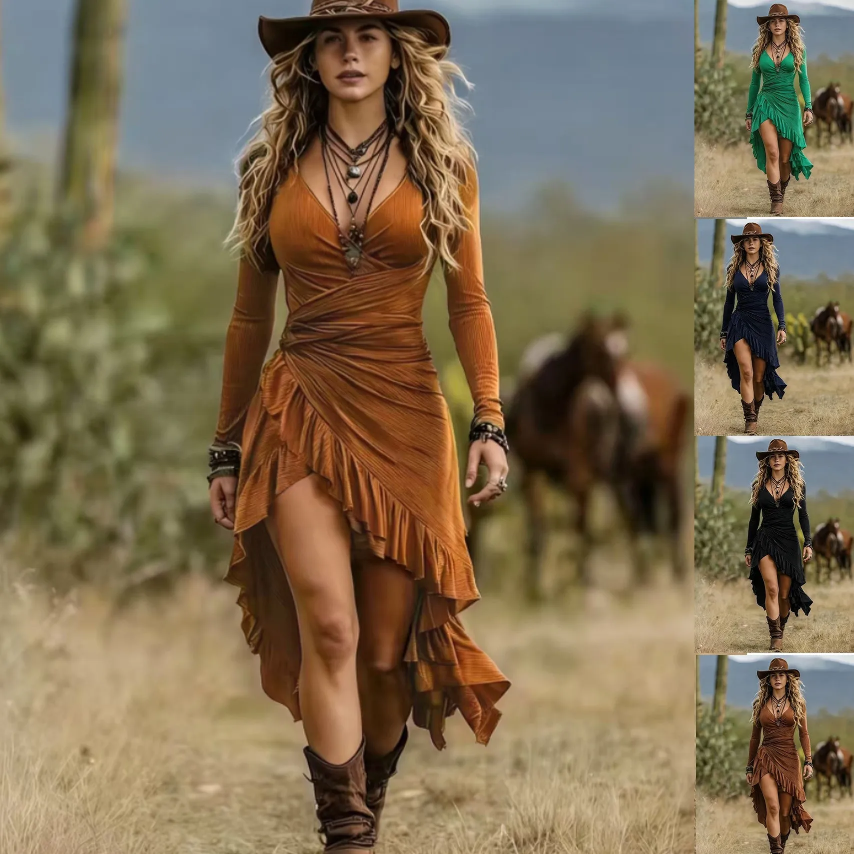 Sommerkleid für Damen mit V-Ausschnitt, Rüschen, asymmetrischem Saum, Maxikleid, Wickelkleid im Boho-Stil