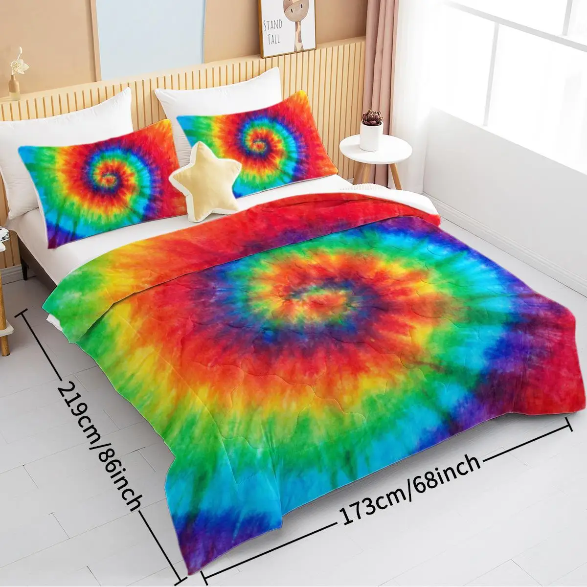 Tie Dye Comforter Set Full Size - 3 Piece Boho Bedding for girls , Colorful Quilt Set for Teens and Kids (Orange