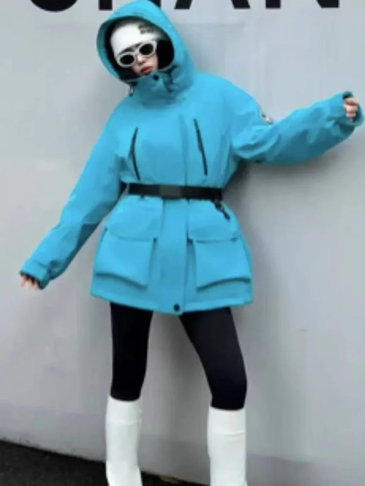 Fashion Hooded Padded Jackets With Belt Women Full Sleeve Down Coat 2025 Autumn Winter Lady Thickend Warm Skiing Jacket