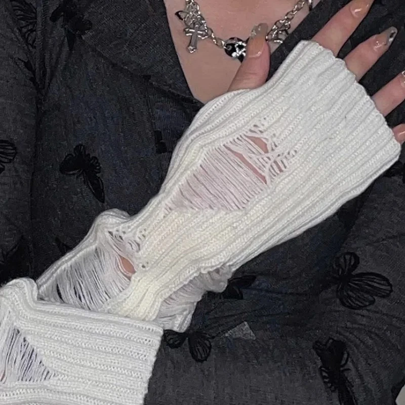 

Punk Tattered Fingerless Gloves Women Men Gothic Hollowed Out Broken Mittens Trendy Personalized Solid Color Hiphop Arm Warmer