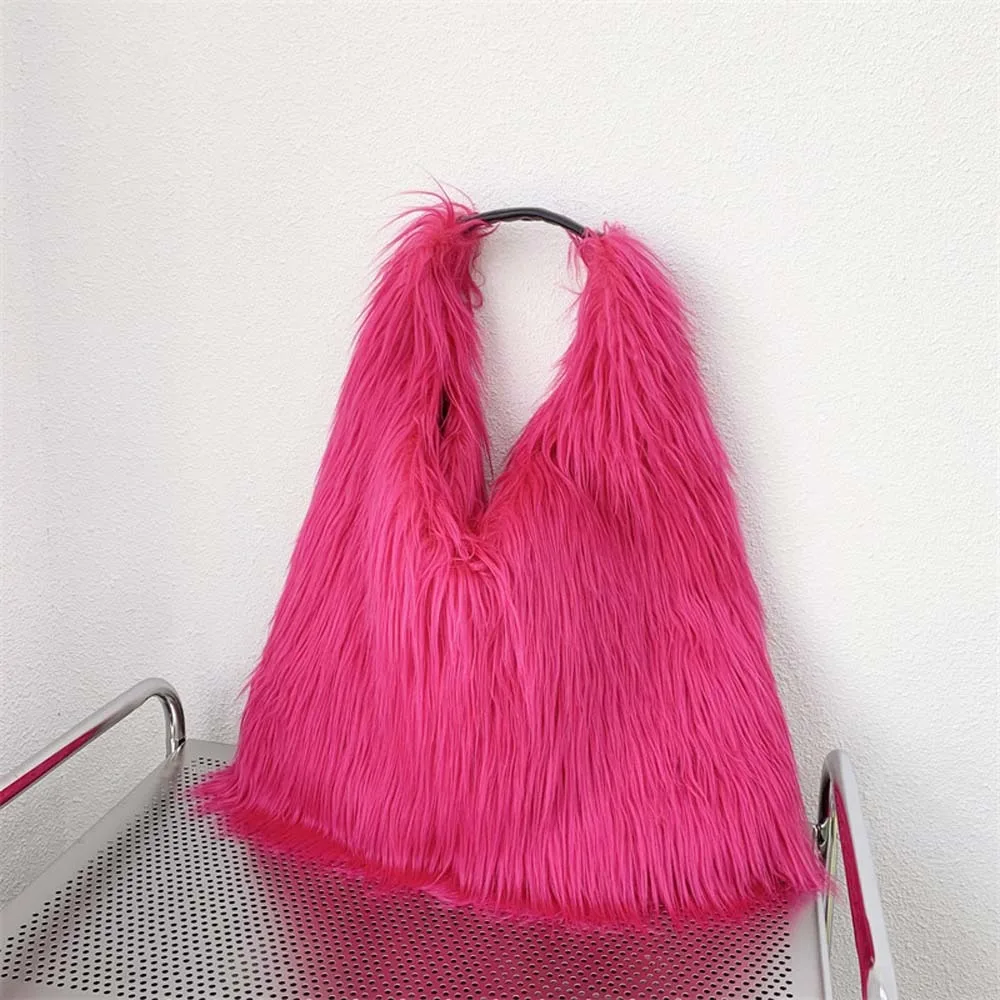

Casual Stripe Faux Fur Ladies Tote Large Capacity Portable Shoulder Bag Soft Solid Color Furry Tote Bag School