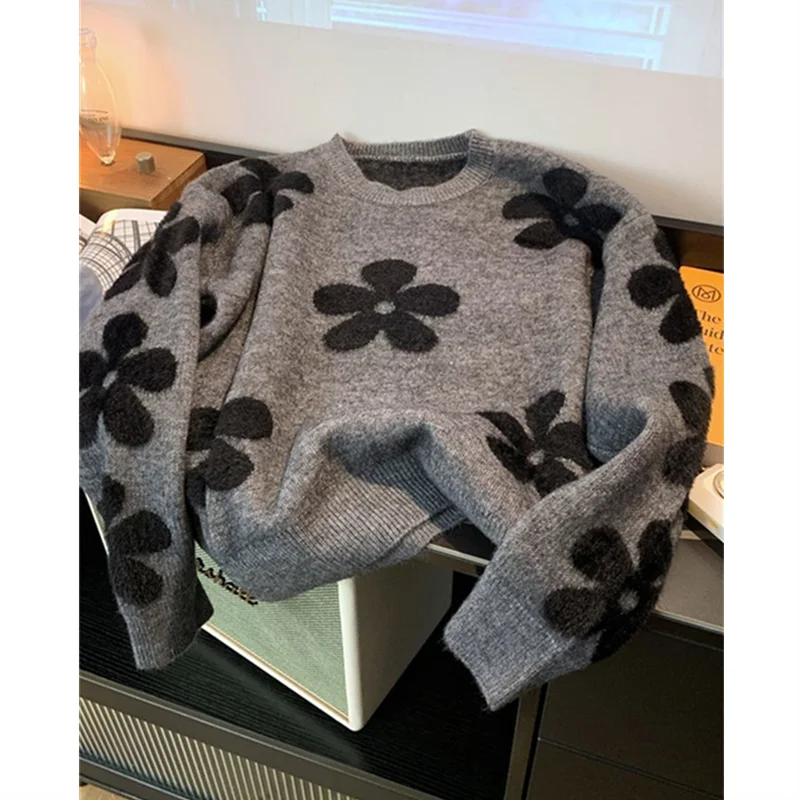 

Вязаный пуловер с цветочным дизайном, женский повседневный толстый теплый повседневный уличный трикотаж, ретро ленивый стиль, круглый вырез, серые свитера