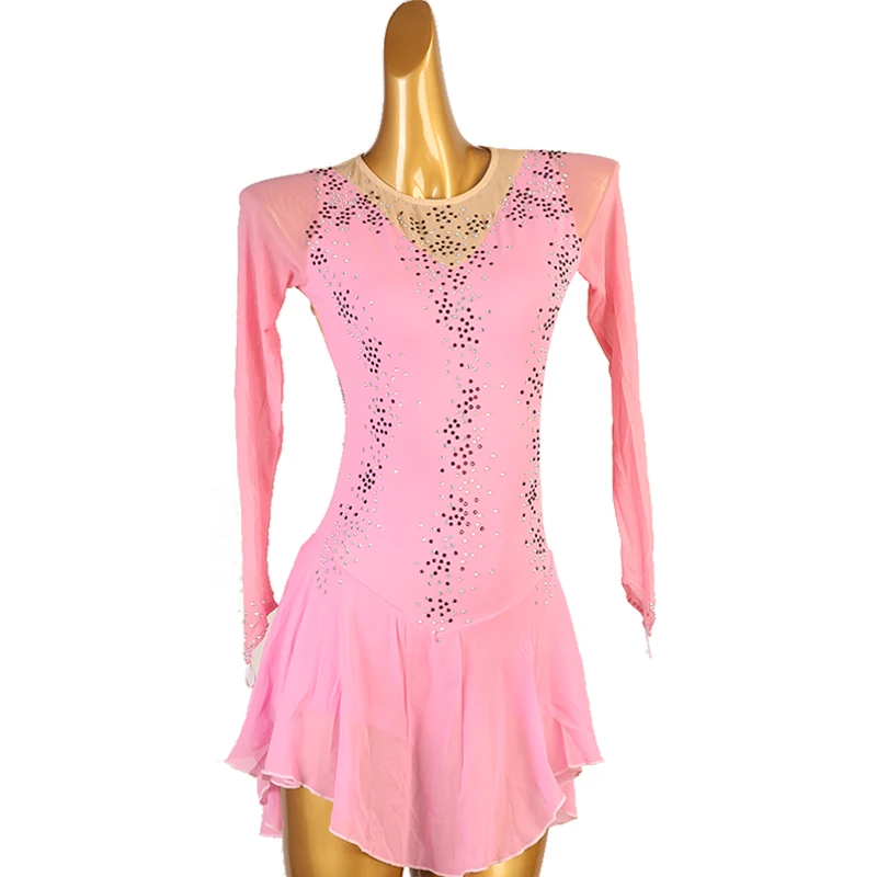 Figure Skating Dress Women girl Ice Skating Dress Gymnastics Costume custom pink crystal rhinestone  B203