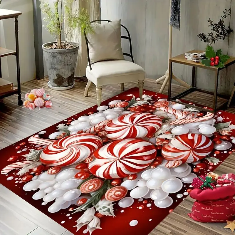 VIKAMA Merry Christmas Large Area Rug Peppermint Candy Pattern Vintage Washable Floor Mat Living Room Hallway Home Decor