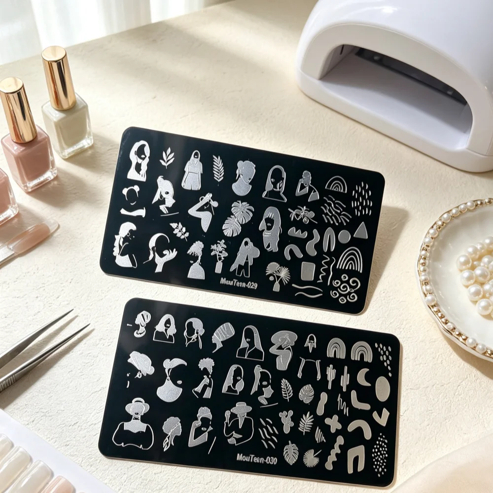 2Pcs/Set Boho Minimalist Nail Stamping Plate Abstract Female Portrait & Tropical Plant Nail Art Templates DIY Nail Stamp #029030