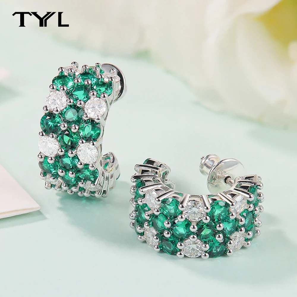 

TYYL Moissanite Emerald Half Hoop Earrings Women's Lab Grown Gemstone Earring Noble 925 Silver Diamond Ear Stud Wedding Jewelry