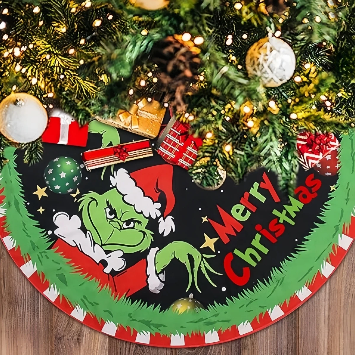 Christmas Tree Skirt 48 Inches, Faux Fur Trimmed Tree Collar, Soft Xmas Tree Collar Grinch Design for Holiday Party Decor