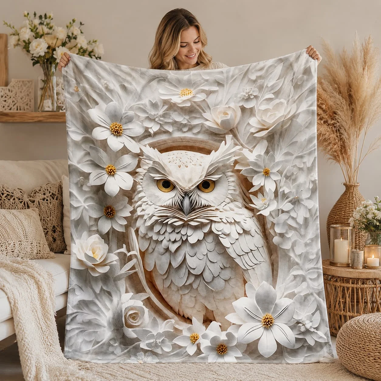 2D Flat Printing Fluffy Blanket White Owl Relief Print Throw Blanket, Fantasy Boho Comfortable Soft Bedding Bed Blanket, King Queen Style Sofa Lunch Blanket, Winter Warm Blanket, Living Room Bedroom Decoration, Camping, Birthday Gift, 2D Flat