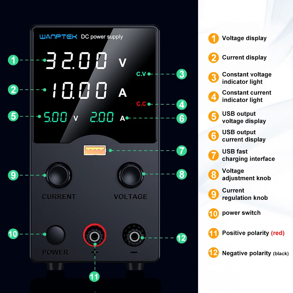 Wanptek DC Fuente de alimentación de laboratorio ajustable 30V 10A 60V 5A 120V 3A con fuente de alimentación de banco de carga rápida USB