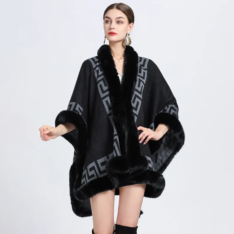 Women Rex Rabbit Faux Fur Shawl Lady Cashmere Feel Mantle Fall Winter Elegant Wrap Luxury Warm Overcoat Classic Vintage Cloak