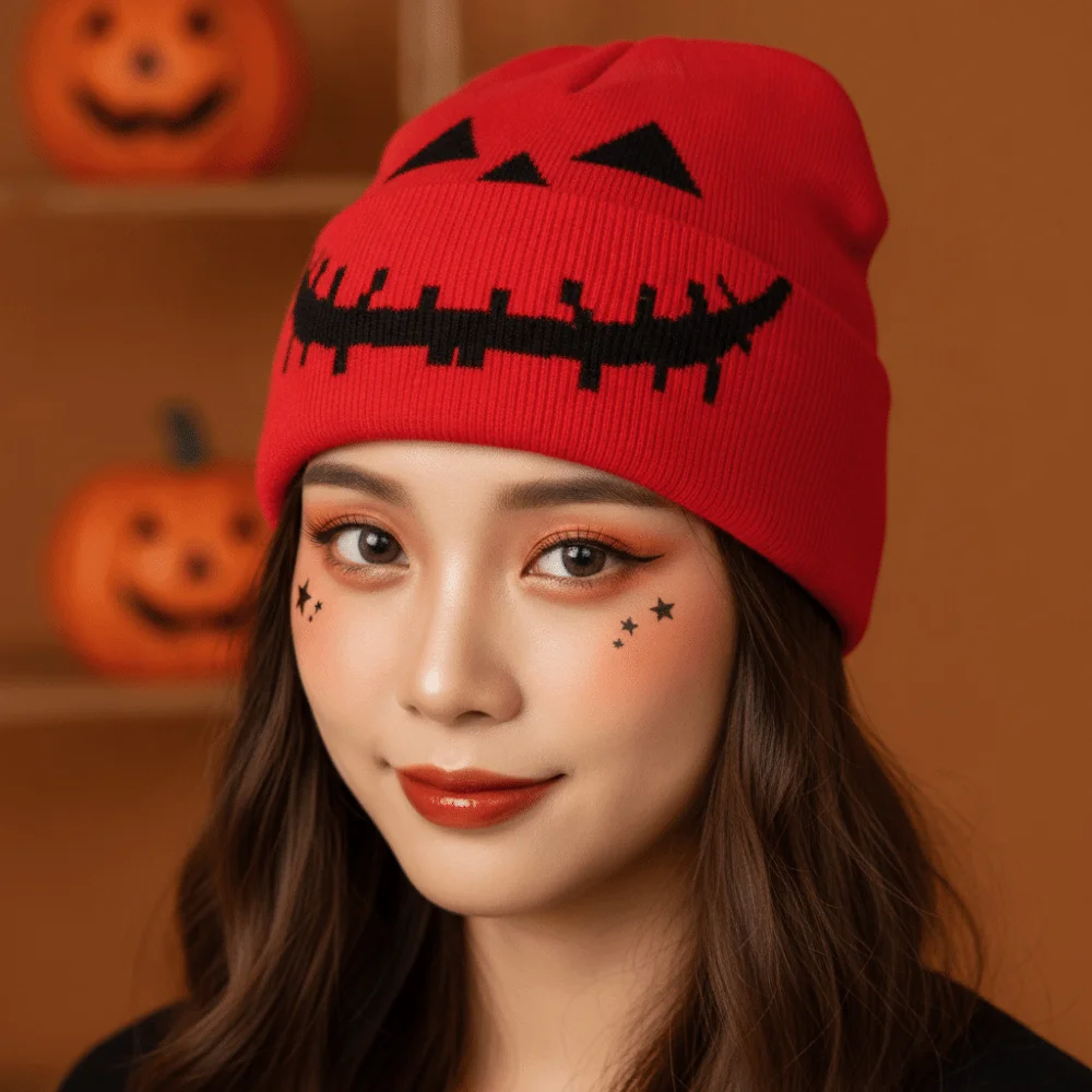 Knitted Fabric Pumpkin Beanie Hat Soft Texture Warm Halloween Knitted Cap Lightweight Breathable Hip Hop Skullcap