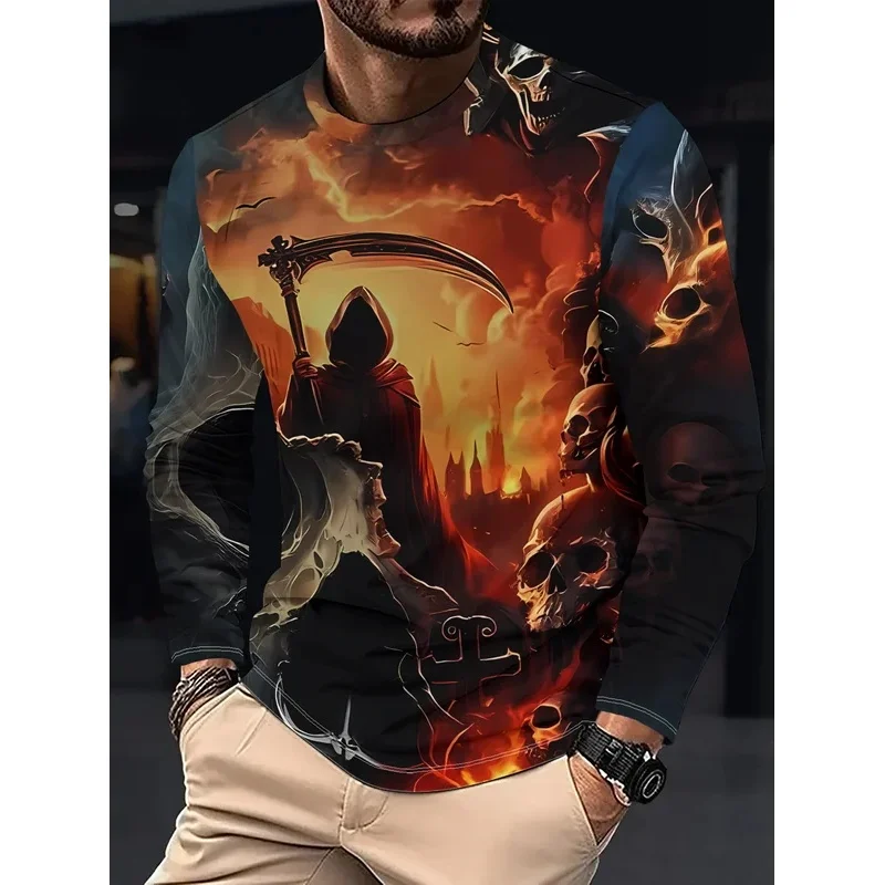 Men Long Sleeve T‑Shirt Grim Reaper Scythe Skull Castle 3D Print Gothic Halloween Street Casual Top