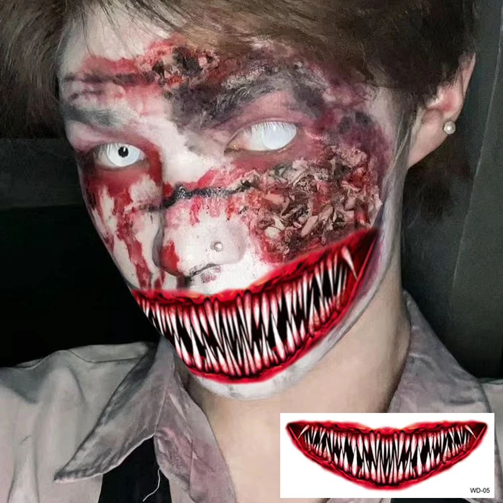 50pcs New Halloween Horror Big Mouth Face Tattoo Funny Diy Stickers Party Scary Temporary Tattoo Waterproof Tattoo for Men Women